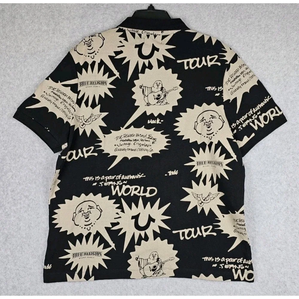True Religion All Over Print Buddha Polo Shirt Distressed Black Beige Mens SZ Lg
